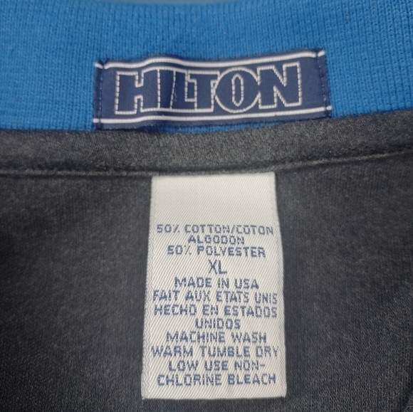 Vintage 90s Hilton Uniroyal Men's XL Shirt Polo S/S Made In USA Black Blue Teal - Picture 6 of 7